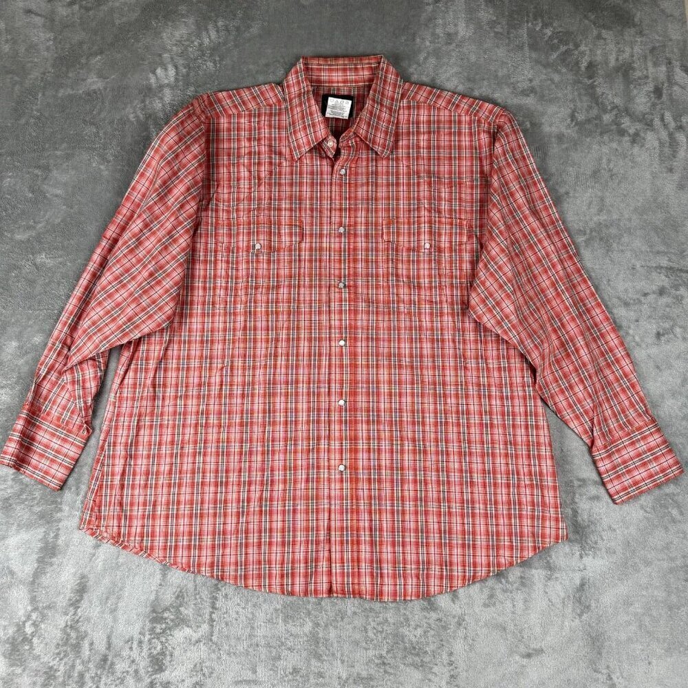 Wrangler Mens 2XL Western Shirt Pearl Snap Long Sleeve Brown Orange Plaid